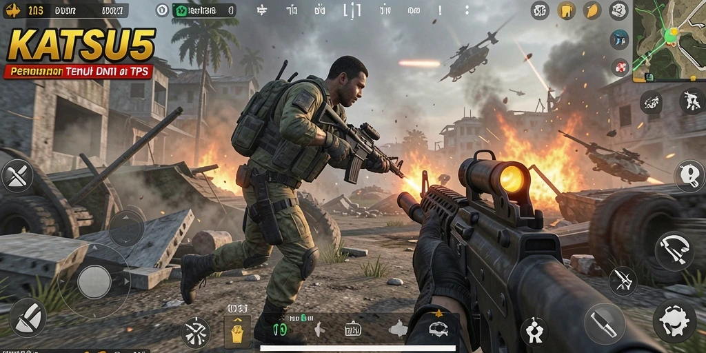 Screenshot gameplay KATSU5 menampilkan aksi tempur yang mendebarkan.
