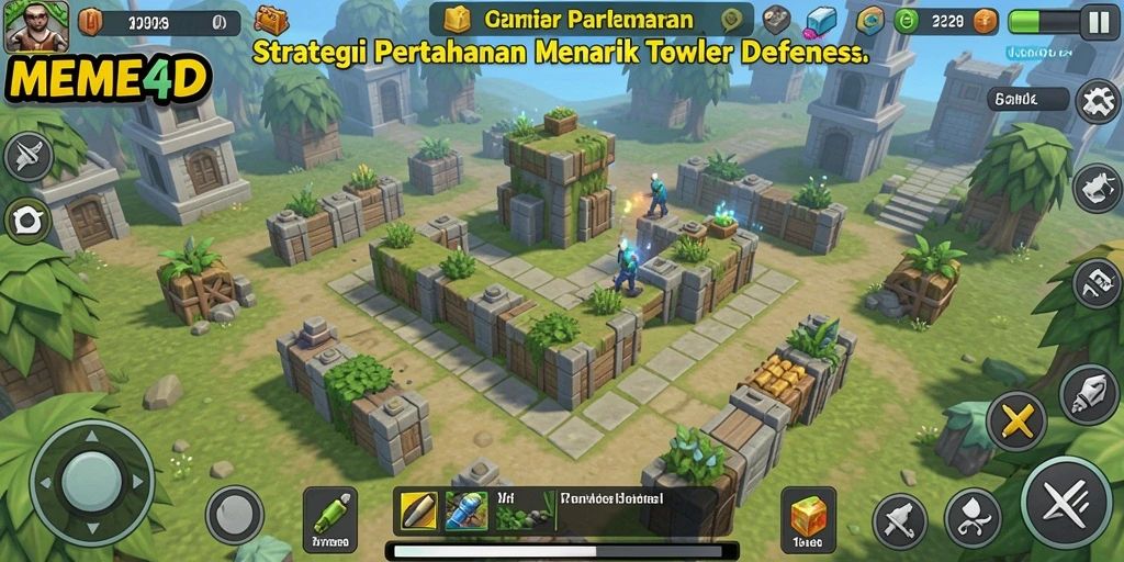Tampilan gameplay <strong>MEME4D</strong> yang menegangkan di dalam game Tower Defense.