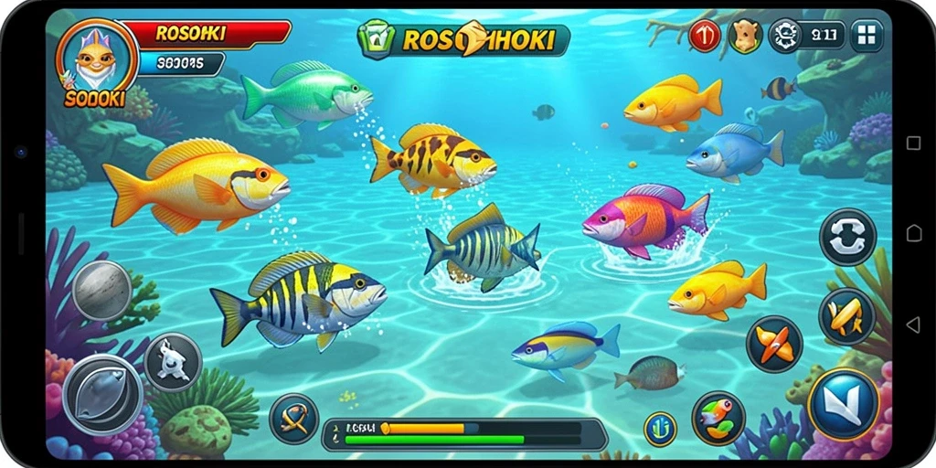 Screenshot gameplay Tembak Ikan di ROSOHOKI menampilkan aksi menangkap ikan.