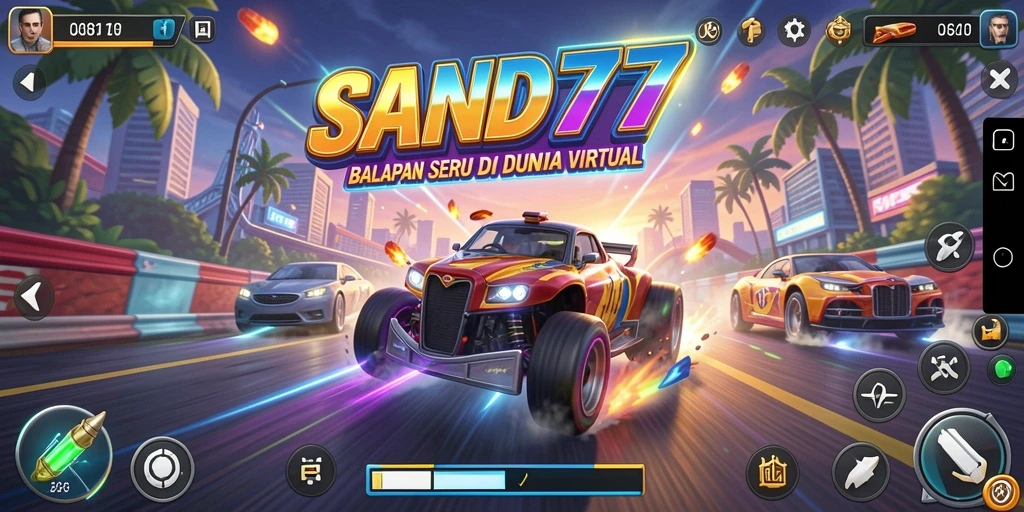 Screenshot utama SAND77 menampilkan gameplay balapan yang mendebarkan.